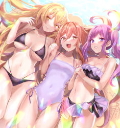 Rule 34 | 3girls, :d, absurdres, beach, bikini, bishooji, black bikini, blonde hair, blush, breasts, breasts apart, brown eyes, brown hair, cleavage, collarbone, commentary request, covered navel, dolly (toaru kagaku no railgun), happy tears, highres, holding hands, huge filesize, kouzaku mitori, large breasts, long hair, looking at viewer, lying, medium breasts, midriff, multiple girls, nail polish, navel, ocean, on back, one-piece swimsuit, open mouth, pink nails, purple eyes, purple hair, purple nails, shokuhou misaki, small breasts, smile, sparkling eyes, swimsuit, symbol-shaped pupils, tears, toaru kagaku no railgun, toaru majutsu no index, twintails, very long hair, water, white one-piece swimsuit, yellow eyes, yellow nails