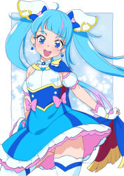 Rule 34 | 1girl, :d, ahoge, armband, blue dress, blue eyes, blush, breasts, commentary, cowboy shot, cure sky, dress, earrings, fingerless gloves, gloves, hair ornament, highres, hirogaru sky! precure, jewelry, long hair, looking at viewer, miyagoe yoshitsuki, no panties, open mouth, outside border, pink hair, precure, purple hair, short dress, sleeveless, sleeveless dress, small breasts, smile, solo, sora harewataru, standing, thighhighs, twintails, very long hair, white gloves, white thighhighs
