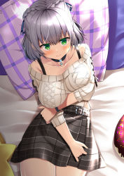 Rule 34 | 1girl, belt, black choker, blush, braid, breast hold, breasts, choker, collarbone, doughnut-shaped pillow, french braid, green eyes, holding own arm, hololive, large breasts, lips, looking at viewer, natsuki shuri, off-shoulder sweater, off shoulder, on bed, pendant choker, pillow, plaid, plaid belt, plaid skirt, shirogane noel, shirogane noel (casual), silver hair, skirt, smile, snowflake pendant, solo, spaghetti strap, star pilow, sweater, thighs, virtual youtuber, watch, white sweater, wristwatch