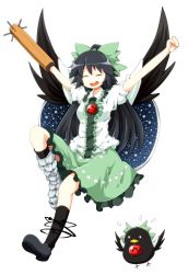 Rule 34 | 1girl, \o/, ^ ^, arm cannon, arms up, asymmetrical footwear, bird, black hair, bow, cape, closed eyes, closed eyes, female focus, full body, hair bow, mismatched footwear, open mouth, outstretched arms, red eyes, reiuji utsuho, reiuji utsuho (bird), ruu (tksymkw), skirt, solo, third eye, touhou, transparent background, weapon, wings