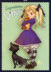 Rule 34 | 1girl, alice (odin sphere), animal, blonde hair, bloomers, blue eyes, book, cat, dress, gaejab-i, hair ribbon, highres, odin sphere, ribbon, socrates (odin sphere), striped clothes, striped thighhighs, thighhighs, twintails, underwear