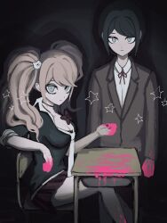 Rule 34 | 2girls, bear hair ornament, black hair, black shirt, blonde hair, blood, blood on clothes, blood on hands, blood on leg, blood splatter, blue eyes, bow, bowtie, breasts, brown jacket, choker, cleavage, closed mouth, collarbone, danganronpa: trigger happy havoc, danganronpa (series), desk, enoshima junko, eyebrows hidden by hair, eyelashes, female focus, freckles, gradient background, hair ornament, highres, ikusaba mukuro, jacket, large breasts, long sleeves, looking at viewer, medium breasts, multiple girls, neck ribbon, necktie, pink blood, pleated skirt, red bow, red ribbon, red skirt, ribbon, shirt, short sleeves, simple background, sitting, skirt, standing, star (symbol), twintails, white necktie, white shirt, wooden chair, wooden desk