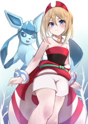 Rule 34 | 1girl, absurdres, bare tree, blonde hair, blue eyes, bracelet, closed mouth, collar, commentary, creatures (company), eyelashes, from below, frown, game freak, gen 4 pokemon, glaceon, hair between eyes, hairband, highres, irida (pokemon), jewelry, knees, koucha miruku, looking at viewer, looking down, medium hair, neck ring, nintendo, pokemon, pokemon (creature), pokemon legends: arceus, red hairband, red shirt, sash, shirt, short shorts, shorts, split mouth, strapless, strapless shirt, tree, waist cape, white shorts