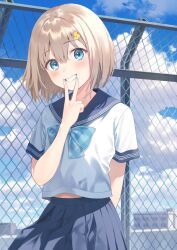Rule 34 | 1girl, arm behind back, blonde hair, blue eyes, blue nails, blue ribbon, blue sailor collar, blue skirt, blue sky, blush, cloud, cloudy sky, day, duck hair ornament, fence, hair ornament, hairpin, highres, looking at viewer, on roof, original, outdoors, pleated skirt, ribbon, rooftop, ruien (wu jui-en), sailor collar, school, school uniform, shirt, skirt, sky, smile, solo, standing, teeth, v, white shirt
