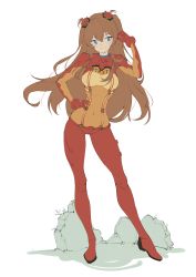 Rule 34 | 1girl, absurdres, artist request, blue eyes, blush, bodysuit, breasts, curvy, evangelion: 2.0 you can (not) advance, hair between eyes, highres, long hair, looking away, neon genesis evangelion, plugsuit, rebuild of evangelion, red bodysuit, see-through, see-through bodysuit, shiny clothes, simple background, smile, solo, souryuu asuka langley, test plugsuit, twintails, very long hair, wide hips