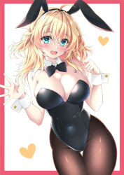 Rule 34 | 1girl, ahoge, animal ears, black bow, black bowtie, black leotard, black pantyhose, blonde hair, bow, bowtie, breasts, detached collar, fake animal ears, green eyes, heart, highres, large breasts, leotard, long hair, original, pantyhose, playboy bunny, rabbit ears, smile, solo, strapless, strapless leotard, tokia (17141031otw), two-tone background, two side up, waving, white background, wrist cuffs