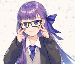 Rule 34 | 10s, 1girl, :3, adjusting eyewear, alternate costume, bespectacled, black-framed eyewear, black jacket, blue eyes, blue nails, blue necktie, blue ribbon, blunt bangs, blurry, blush, closed mouth, collared shirt, fate/extra, fate/extra ccc, fate (series), fingernails, glasses, grey background, hair ribbon, jacket, long hair, long sleeves, looking at viewer, meltryllis (fate), nagu, nail polish, necktie, open clothes, open jacket, purple hair, ribbon, shirt, signature, simple background, smile, solo, sweater vest, upper body, very long hair, wing collar