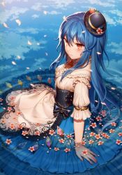 Rule 34 | 1girl, alternate headwear, blue hair, corset, dress, embellished costume, flower, food, frills, fruit, hat, highres, hinanawi tenshi, kikugetsu, light smile, mini hat, partially submerged, peach, petals, petals on liquid, red eyes, reflection, sitting, sky, solo, touhou, water