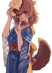 Rule 34 | :p, absurdres, alternate costume, animal collar, animal ears, blue kimono, blush, braid, brown eyes, brown hair, character mask, collar, cowboy shot, dog ears, dog girl, dog tail, double-parted bangs, finger to mouth, hair between eyes, highres, hololive, index finger raised, inugami korone, japanese clothes, kimono, listener (inugami korone), long hair, low twin braids, low twintails, mask, mask on head, nail polish, red collar, shushing, sleeves rolled up, tail, tongue, tongue out, twin braids, twintails, virtual youtuber, whcamellia00, wide sleeves, yellow nails, yukata