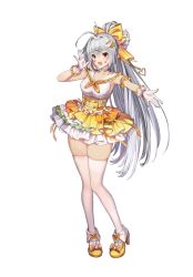 Rule 34 | 1girl, antenna hair, arm scrunchie, armpits, breasts, brown dust 2, dress, frilled dress, frills, full body, gloves, grey hair, hair ribbon, heart, heart tattoo, high heels, highres, idol, knees together feet apart, large ribbon, long hair, medium breasts, official art, open mouth, ponytail, red eyes, ribbon, second-party source, simple background, skindentation, smile, solo, tattoo, thick thighs, thighhighs, thighs, two-tone dress, very long hair, white dress, white gloves, white thighhighs, yellow dress, yellow ribbon, yuri (brown dust), zettai ryouiki