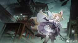 Rule 34 | 1girl, animal ears, arknights, bird, black gloves, blonde hair, blue hairband, building, cityscape, cloud, cloudy sky, dark sky, dress, earpiece, feet out of frame, fox ears, fox tail, gloves, hairband, highres, infection monitor (arknights), kitsune, kyuubi, liyu li, looking at viewer, material growth, multiple tails, open mouth, oripathy lesion (arknights), outdoors, overcast, power lines, purple dress, scenery, short hair with long locks, sky, solo, suzuran (arknights), tail, weibo watermark, yellow eyes