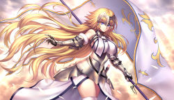 Rule 34 | 1girl, armor, armored dress, armpits, backlighting, banner, bare shoulders, blonde hair, blue eyes, breasts, chain, closed mouth, commentary request, cowboy shot, day, dress, fate/grand order, fate (series), faulds, feathers, floating, fur trim, gloves, highres, holding, impossible clothes, impossible dress, jeanne d&#039;arc (fate), jeanne d&#039;arc (ruler) (fate), jeanne d&#039;arc (third ascension) (fate), large breasts, long hair, looking at viewer, md5 mismatch, nasaniliu, outdoors, resolution mismatch, smile, solo, source smaller, very long hair, white dress, wind