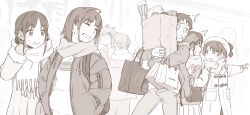 Rule 34 | 2boys, 4girls, :o, bag, carrying, character request, clothes tug, coat, crowd, ebinera, fukumori daichi, glasses, gloves, greyscale, grin, hands in pockets, hat, highres, imouto ni kiite minaito, medium hair, monochrome, multiple boys, multiple girls, pants, pocket, pointing, scarf, shopping, shopping bag, smile, sweatdrop