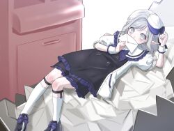 Rule 34 | 1boy, black dress, braid, buttons, chocolatech4n, crossdressing, dress, dungeon meshi, elf, frilled dress, frills, grey eyes, grey hair, hat, highres, holding, holding letter, kneehighs, legwear garter, letter, loafers, love letter, lying, male focus, medium hair, mini hat, mithrun, on back, pinky out, pointy ears, postbox (outgoing mail), shoes, short sleeves, socks, solo, two-tone dress, updo, wavy hair, white dress, white socks, wrist cuffs