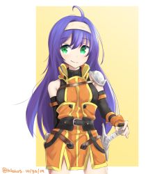 Rule 34 | 1girl, ahoge, armor, bare shoulders, border, closed mouth, cowboy shot, dated, fire emblem, fire emblem: radiant dawn, green eyes, hairband, highres, klaius, long hair, looking at viewer, mia (fire emblem), nintendo, purple hair, shoulder armor, simple background, single pauldron, smile, solo, pauldrons, standing, sword, twitter username, weapon, white border, yellow background