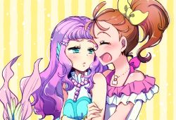 2girls, :d, ^ ^, ^o^, armlet, blouse, blue eyes, blush, bracelet, closed eyes, commentary, eyes closed, facing another, frilled blouse, grabbing own arm, hair strand, half-closed eyes, halterneck, head fins, hug, hug from behind, jewelry, laura (precure), lips, lipstick, looking at another, looking back, makeup, mermaid, monster girl, multicolored, multicolored background, multicolored blouse, multiple girls, natsuumi manatsu, noyuki1204, off shoulder, open mouth, orange hair, pearl hair ornament, pink blouse, pink hair, pink lips, precure, puckered lips, raised eyebrow, seashell, shell, shell necklace, side ponytail, sideways mouth, smile, split tail, striped, striped background, thick eyebrows, tropical-rouge! precure, upper body, waiting for kiss, wavy hair, white blouse, yellow background, yuri