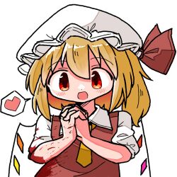Rule 34 | 1girl, :d, blood, blood on arm, blood on clothes, chibi, crystal, flandre scarlet, hair between eyes, hands up, hat, heart, kasuya baian, looking at viewer, medium hair, mob cap, necktie, one side up, open mouth, own hands clasped, own hands together, simple background, smile, solo, spoken heart, straight-on, touhou, white background, wing collar, wings, yellow necktie