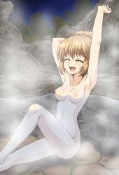 Rule 34 | 1girl, armpits, bare shoulders, blush, breasts, brown hair, closed eyes, leia rolando, nipples, nude, open mouth, short hair, tales of (series), tales of xillia, water