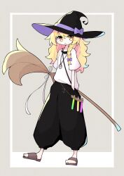 Rule 34 | 1girl, absurdres, alternate costume, asameshi, baggy pants, black hat, black pants, blonde hair, bow, broom, brown footwear, commentary request, corked bottle, full body, hair bow, hands in pockets, hat, hat bow, highres, jewelry, kirisame marisa, long hair, looking at viewer, open mouth, orange eyes, pants, pendant, purple bow, sandals, shirt, short sleeves, solo, t-shirt, test tube, touhou, undershirt, white shirt, witch hat