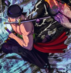 Rule 34 | 1boy, bandana, black kimono, clothes down, daken (zorosan lover), earrings, fighting stance, from above, green hair, highres, japanese clothes, jewelry, kimono, looking at viewer, male focus, mouth hold, one piece, pectorals, roronoa zoro, scar, scar across eye, scar on face, short hair, sideburns, single earring, solo, toned, toned male, topless male, veins