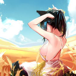 Rule 34 | 1girl, animal ears, arms up, black hair, blue eyes, blue sky, breasts, commentary request, day, dress, ejami, ekko (ejami), fox ears, fox girl, fox tail, from behind, hill, long hair, medium breasts, multicolored hair, original, outdoors, ponytail, sideboob, sidelocks, sky, sleeveless, sleeveless dress, solo, strap gap, sunlight, tail, two-tone hair, tying hair, upper body, white dress