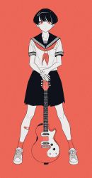 Rule 34 | 1girl, acubi tomaranai, bandaid, bandaid on knee, bandaid on leg, black hair, black skirt, breast pocket, closed mouth, collared shirt, full body, guitar, highres, instrument, legs apart, limited palette, looking at viewer, neckerchief, nike (company), original, pocket, red background, red eyes, red neckerchief, red socks, sailor collar, shirt, shoes, short hair, short sleeves, simple background, skirt, sneakers, socks, solo, standing, white footwear, white shirt