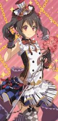 Rule 34 | 10s, 1girl, bad id, bad pixiv id, black hair, cafe maid (love live!), chain, flower, idol, kim bae-eo, love live!, love live! school idol project, microphone, red eyes, rose, skirt, smile, solo, sparkle, thighhighs, twintails, yazawa nico