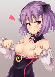 Rule 34 | 1girl, bare shoulders, black wings, blush, breast poke, breasts, breasts out, closed mouth, clothes pull, commentary request, covering nipples, covering privates, detached collar, detached sleeves, dress, dress pull, fate/grand order, fate (series), frills, gradient background, hair ribbon, heart, helena blavatsky (fate), highres, kuragari, long sleeves, looking at viewer, nipple rub, nipple stimulation, nipple tweak, poking, poking self, purple eyes, purple hair, ribbon, short hair, small breasts, smile, solo, strapless, strapless dress, upper body, wings