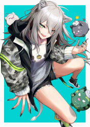 Rule 34 | 1girl, absurdres, ahoge, alternate costume, animal ears, aqua background, bare legs, black footwear, black nails, black shorts, breasts, camouflage, camouflage jacket, clothes writing, commentary, cross-laced footwear, fang, from above, full body, green eyes, grey hair, hair between eyes, highres, hololive, hood, hood down, hooded jacket, invisible chair, jacket, lion ears, lion girl, lion tail, lit fuse, long hair, long sleeves, looking at viewer, medium breasts, nail polish, open clothes, open jacket, open mouth, shirt, shishiro botan, shishiro botan (casual), shoes, short shorts, shorts, simple background, sitting, sneakers, solo, ssrb (shishiro botan), t-shirt, tail, teeth, upper teeth only, virtual youtuber, white shirt, yellow takano