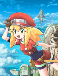 Rule 34 | 1girl, :d, belt, bike shorts, bike shorts under shorts, blonde hair, blue sky, breasts, brown gloves, cabbie hat, capcom, cloud, day, gloves, green eyes, hat, holding, holding wrench, long hair, mega man (series), mega man legends (series), menome, open mouth, red hat, red shorts, roll caskett (mega man), short sleeves, shorts, sky, small breasts, smile, solo, wrench