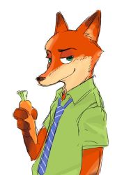 Rule 34 | artist request, carrot, disney, fox, green eyes, light smile, looking at viewer, nick wilde, simple background, upper body, zootopia