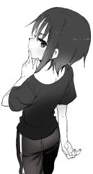 Rule 34 | 1girl, blush, closed mouth, commentary request, from behind, greyscale, hand up, highres, kagawa rin, looking at viewer, looking back, monochrome, pants, profile, shirt, short eyebrows, short sleeves, simple background, solo, soredemo ayumu wa yosetekuru, thick eyebrows, white background, yamamoto souichirou