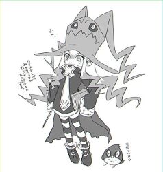 Rule 34 | 1girl, bird, book, dragon: marked for death, dress, greyscale, hat, holding, holding book, monochrome, multicolored hair, multiple heads, owl, pout, simple background, sleeves past wrists, streaked hair, striped clothes, striped thighhighs, thighhighs, white background, witch, witch (dmfd), witch hat, zukoko rkgk