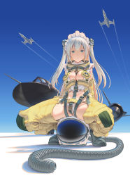 Rule 34 | 1girl, aircraft, airplane, arms behind back, blue sky, breasts, contrail, crossed bangs, fighter jet, green eyes, hair ornament, helmet, highres, jet, long hair, looking at viewer, medium breasts, military, military vehicle, original, pinakes, sky, solo, spread legs, squatting, sr-71 blackbird, stealth, stealth aircraft, twintails, uniform, white hair