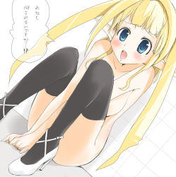 Rule 34 | 1girl, against wall, blonde hair, blue eyes, blush, breasts, dama, elf, female focus, high heels, long hair, nude, open mouth, pointy ears, shoes, solo, tears, thighhighs, translation request, twintails