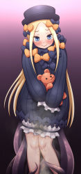 Rule 34 | 1girl, abigail williams (fate), blonde hair, bloomers, blue eyes, blush, bow, closed mouth, dress, embarrassed, fate/grand order, fate (series), female focus, forehead, gradient background, gunshou, hair bow, hat, highres, knees together feet apart, long hair, long sleeves, orange bow, own hands together, peeing, peeing self, purple background, purple bow, purple dress, purple hat, short dress, simple background, sleeves past fingers, sleeves past wrists, solo, standing, steam, stuffed animal, stuffed toy, tears, teddy bear, tentacles, underwear, v arms, wet, wet clothes, white bloomers