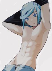 Rule 34 | 1boy, abs, absurdres, aqua eyes, aqua hair, armpits, bbhdrrr, black shirt, buttons, closed mouth, creatures (company), game freak, grusha (pokemon), highres, looking down, male focus, medium hair, nintendo, open fly, pants, pectorals, pokemon, pokemon sv, shirt, solo, toned, toned male, undressing, white background