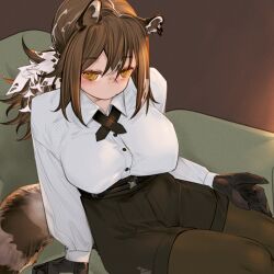 Rule 34 | 1girl, animal ears, arknights, arm support, barcode, belt, black belt, black gloves, black necktie, black shorts, blush, breasts, brown eyes, brown hair, brown pantyhose, collared shirt, commentary, cross tie, dress shirt, feet out of frame, freckles, gloves, highres, kochiya (gothope), large breasts, long hair, looking at viewer, multicolored hair, necktie, paid reward available, pantyhose, pantyhose under shorts, ponytail, raccoon ears, raccoon girl, raccoon tail, robin (arknights), shirt, shirt tucked in, short shorts, shorts, sitting, solo, tail, two-tone hair, white hair, white shirt, wing collar