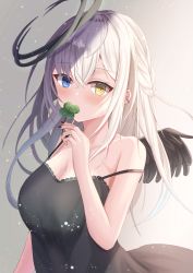 Rule 34 | 1girl, absurdres, angel wings, black dress, black nails, black wings, blue eyes, blurry, blush, breasts, cleavage, clover, covering face, depth of field, dress, ear piercing, four-leaf clover, grey hair, halo, heterochromia, highres, holding, holding clover, hutaba miyagi, large breasts, light, light particles, long hair, nail polish, off shoulder, original, piercing, sidelocks, smile, standing, upper body, white hair, wings, yellow eyes