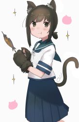 Rule 34 | 1girl, absurdres, animal ears, animal hands, black hair, brown eyes, cat ears, cat paws, cat tail, eating, fish, fish (food), fubuki (kancolle), highres, kantai collection, looking at viewer, low ponytail, ma rukan, school uniform, serafuku, short ponytail, signature, skirt, smile, solo, tail, tears, white background