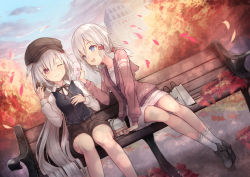 Rule 34 | 2girls, :d, autumn leaves, azur lane, bag, bench, black bow, black footwear, black vest, blue eyes, blue sky, blush, boots, bow, brown headwear, brown jacket, brown shorts, cabbie hat, clock, clock tower, closed mouth, cloud, cloudy sky, collared shirt, commentary request, cross-laced footwear, day, denver (azur lane), doughnut, dress, dress shirt, food, food on face, hair between eyes, hair ornament, hairclip, hat, highres, holding, holding food, hood, hood down, hooded jacket, jacket, lace-up boots, long hair, long sleeves, low twintails, montpelier (azur lane), multiple girls, nishina kakeri, on bench, one eye closed, open mouth, outdoors, paper bag, park bench, pastry box, petals, round teeth, shirt, short shorts, shorts, silver hair, sitting, skirt, sky, smile, socks, teeth, tower, twintails, upper teeth only, very long hair, vest, white dress, white legwear, white shirt, white skirt