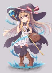 Rule 34 | 1girl, bag, black dress, black thighhighs, blonde hair, blush, boots, bow, brown footwear, capelet, cloak, dress, full body, gloves, grey background, hairband, handbag, hat, highres, kuricona, little witch nobeta, long hair, nobeta, open mouth, red eyes, rod, solo, thighhighs, very long hair, water, white gloves, witch hat