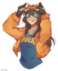 Rule 34 | 1girl, :p, black gloves, blue one-piece swimsuit, blush, brown hair, eyewear on head, fingerless gloves, gloves, guilty gear, guilty gear strive, highres, jacket, long hair, may (guilty gear), mil17459623, one-piece swimsuit, orange jacket, smile, sunglasses, swimsuit, tongue, tongue out