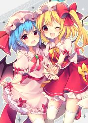 Rule 34 | 2girls, :d, bat wings, blonde hair, blue hair, blush, bow, clothes lift, commentary request, crystal, dress, dress lift, feet out of frame, flandre scarlet, frilled shirt collar, frills, grey background, hat, hat bow, hat ribbon, highres, lifting own clothes, looking at viewer, mary janes, mob cap, multiple girls, neck ribbon, one eye closed, open mouth, outline, petticoat, pink dress, pink hat, puffy short sleeves, puffy sleeves, red bow, red eyes, red footwear, red ribbon, red sash, red skirt, red vest, remilia scarlet, ribbon, ruhika, sash, shoes, short hair, short sleeves, siblings, sisters, skirt, smile, standing, standing on one leg, thighhighs, thighs, touhou, v, vest, white hat, white legwear, wings, wrist cuffs, yellow bow, yellow outline, yellow ribbon, zettai ryouiki