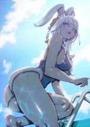 Rule 34 | 1girl, animal ears, blue eyes, breasts, day, final fantasy, final fantasy xiv, highres, kionaoki, long hair, looking at viewer, medium breasts, mole, mole under mouth, one-piece swimsuit, open clothes, pool ladder, rabbit ears, solo, swimsuit, viera, warrior of light (ff14), wet