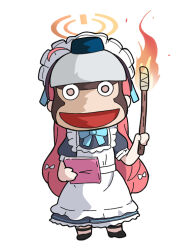 Rule 34 | 1girl, ahoge, alternate costume, apron, black dress, black footwear, blue archive, blue bow, bow, chibi, commentary request, dress, enmaided, facing viewer, fire, frilled apron, frills, full body, halo, holding, holding torch, long hair, maid, maid headdress, mask, monkey mask, nyaru (nyaru 4126), power symbol, puffy short sleeves, puffy sleeves, red hair, saru getchu, shoes, short sleeves, simple background, solo, torch, very long hair, white apron, white background, yuzu (blue archive), yuzu (maid) (blue archive)