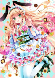 Rule 34 | 1girl, animal ears, argyle, argyle background, argyle clothes, blonde hair, blush, bow, cookie, food, frilled skirt, frills, green eyes, hair bow, long hair, looking at viewer, nadeshiko-chan (nogi takayoshi), nogi takayoshi, original, rabbit ears, skirt, smile, solo, thighhighs, white thighhighs