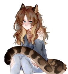 Rule 34 | 1girl, animal ears, bandana around neck, black eyeshadow, blue eyes, body markings, closed mouth, cloud ya, denim, eyeshadow, facial mark, feet out of frame, highres, jeans, leopard ears, leopard girl, leopard tail, long hair, looking at viewer, makeup, messy hair, original, pants, simple background, single bare shoulder, sitting, solo, tail, torn clothes, torn jeans, torn pants