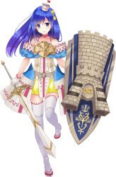 Rule 34 | 1girl, artist request, blue eyes, blue hair, boots, bow, dress, full body, gloves, gradient hair, hair bow, hat, high heel boots, high heels, holding, holding shield, holding sword, holding weapon, looking at viewer, marksburg (oshiro project), mini hat, multicolored hair, official art, oshiro project:re, oshiro project:re, purple hair, shield, smile, solo, sword, thighhighs, transparent background, weapon, white gloves, white thighhighs, yellow bow