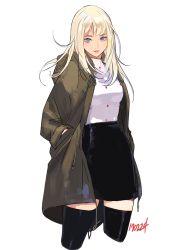 Rule 34 | 1girl, 2017, arm at side, black skirt, black thighhighs, blonde hair, blue eyes, breasts, brown coat, coat, cowboy shot, cropped legs, dated, drawstring, hand in pocket, hood, hooded coat, lips, long hair, long sleeves, looking at viewer, medium breasts, miniskirt, nose, open clothes, open coat, original, parted lips, pencil skirt, pink lips, ribbed shirt, shirt, simple background, skirt, smile, solo, standing, takssmask, thighhighs, turtleneck, white background, white shirt, zettai ryouiki